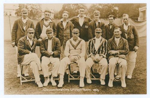 ‘Gloucestershire Cricket Team 1929’. Original sepia real photograph postcard of the Gloucestershire team seated and standing in rows wearing cricket attire and blazers. Players’ names annotated in ink to verso with official stamp for ‘Cheltenham Chronicle