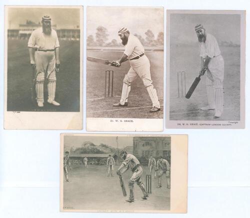 William Gilbert Grace. Gloucestershire, London County & England 1865-1908. Mono real photograph postcard of Grace standing full length wearing cricket attire and hooped cap, leaning on a bat. Hartmann series no. 1388. Light creasing. Sold with two further