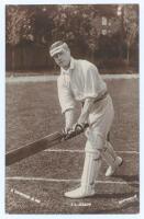 Gilbert Laird Jessop. Gloucestershire, Cambridge University & England 1894-1914. Excellent original mono real photograph postcard of Jessop, full length at the crease in batting pose wearing hooped cap. E. Hawkins & Son, Brighton. Postally unused. Very go