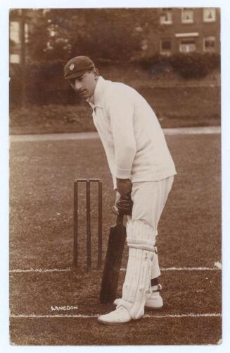 Thomas Langdon. Gloucestershire 1900-1914. Original mono real photograph postcard of Langdon, full length at the crease in batting pose wearing Gloucestershire cap. Foster of Brighton. Postally unused. Minor bumping to corners, otherwise in very good cond