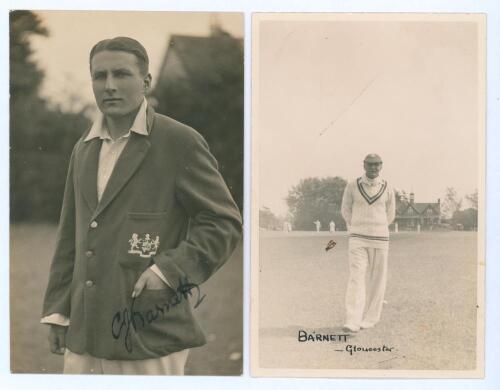 Charles John &lsquo;Charlie&rsquo; Barnett. Gloucestershire & England 1927-1948. Excellent original mono real photograph postcard of Barnett standing three quarter length wearing cricket attire and Gloucestershire blazer, hand in pocket. Very nicely signed in black i