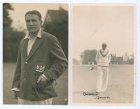 Charles John ‘Charlie’ Barnett. Gloucestershire & England 1927-1948. Excellent original mono real photograph postcard of Barnett standing three quarter length wearing cricket attire and Gloucestershire blazer, hand in pocket. Very nicely signed in black i