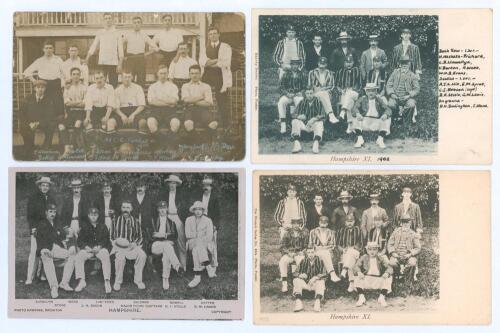 Hampshire C.C.C. team postcards 1902-1908. Unusual sepia real photograph postcard of the &lsquo;Hampshire C.C. Football XI 1908&rsquo; with the players seated and standing in rows wearing football attire. Players names annotated to lower edge of the image and again t