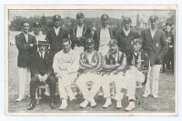 Hampshire v Australians 1912. Original mono postcard of the Hampshire team seated and standing in rows wearing cricket attire, caps and blazers for the tour match v the Australians at Southampton 22nd- 24th July 1912. Players featured include Sprot (Capta