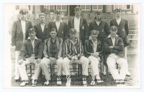 Hampshire C.C.C. 1914. Original mono real photograph plain back postcard of the 1914 Hampshire team seated and standing in rows wearing cricket attire, caps and blazers. Ex John Arlott collection with title and players’ names neatly annotated in Arlott’s 