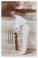 Arthur Stuart Webb. Hampshire 1895-1904. Original sepia real photograph postcard of Webb, full length in batting pose at the wicket. Foster of Brighton. Postally used, date stamped 1914. Some creasing, otherwise a very nice image in good condition.