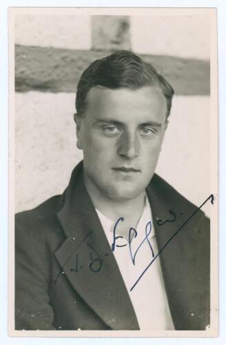 John Drennan Eggar. Hampshire, Oxford University & Derbyshire 1938-1954. Original mono real photograph plain back postcard of Eggar, head and shoulders wearing cricket attire and blazer. Nicely signed in ink to the image by Eggar. Official stamp to verso 