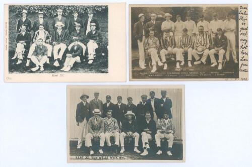 Kent C.C.C. team postcards 1902-1904. Three mono/ sepia real photograph postcards of Kent teams with players depicted seated and standing in rows wearing cricket attire, assorted blazers etc. Teams are 1902 (Dainty Series), 1903 (Rotary Photographic) and 