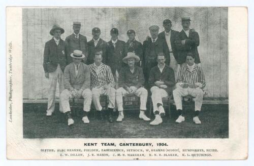 ‘Kent Team, Canterbury, 1904’. Mono postcard of the 1904 Kent team seated and standing in rows wearing cricket attire, caps and blazers. Printed title and players’ names to lower margin. Players include Marsham, Blaker, Hutchings, Dillon, Mason, Blythe, F