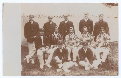 Kent C.C.C. 1908. Sepia real photograph postcard of the Kent team seated and standing in rows in front of a marquee, wearing cricket attire and assorted caps and blazers. Players featured include Marsham, Hutchings, Fairservice, Woolley, Blythe, Fielder e