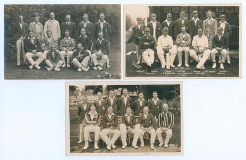 Kent team postcards 1924-1928. Three mono/ sepia real photograph postcards of Kent teams with players depicted seated and standing in rows wearing cricket attire, blazers and some caps. Teams are 1924 (publisher unknown), 1925 and 1928, both by Flemons of