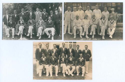 Kent team postcards 1927-1929. Three mono/ sepia real photograph postcards of Kent teams with players depicted seated and standing in rows wearing cricket attire, and assorted blazers and caps. Teams are 1927 (publisher unknown), 1928 and 1929, both by Fl