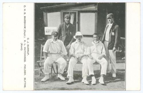 Kent C.C.C. c.1905. Mono postcard depicting a group photograph of five Kent players in front of a small pavilion. Printed players’ names to left margin. Players are Burnup, Marsham (Captain), Hutchings, Fielder and Blythe. Wellington Series. Good/ very go