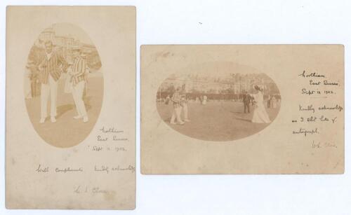 John Richard ‘Jack’ Mason. Kent & England 1893-1914. Two unusual early and rare sepia real photograph postcards, each with a cameo image on white background depicting two scenes of Mason and possibly C.J. Burnup, both wearing striped blazers, with spectat