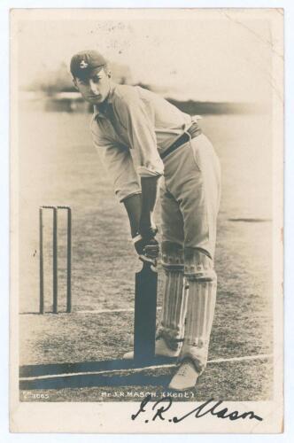 John Richard ‘Jack’ Mason. Kent & England 1893-1914. Mono real photograph postcard of Mason standing full length at the crease in batting pose wearing Kent cap. Nicely signed in black ink by Mason to lower border. Postally date stamped 1905. Hartmann seri