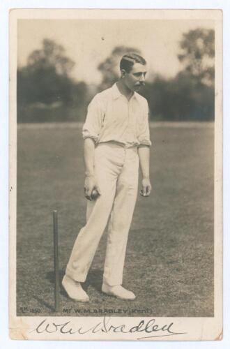 Walter Morris ‘Bill’ Bradley. Kent & England 1895-1903. Early sepia real photograph postcard of Bradley standing full length at the wicket with ball in hand. Nicely signed ‘W.M. Bradley’ to lower border. Postally date stamped Forest Hill 1903 and addresse