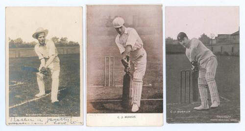 Cuthbert James Burnup. Cambridge University & Kent 1895-1907. Sepia real photograph postcard of Burnup at the crease in batting pose wearing a white sun hat. Hartmann Series no. F.H.L. 1653, titled ‘Expectation’. Annotated message in ink, postally unstamp