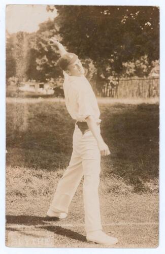 Colin Blythe. Kent & England 1899-1914. Early sepia real photograph postcard of Blythe standing full length at the crease in bowling pose, wearing a Kent cap. Publisher unknown, appears to by Foster of Brighton. Postally unused. Some marks to left side ap