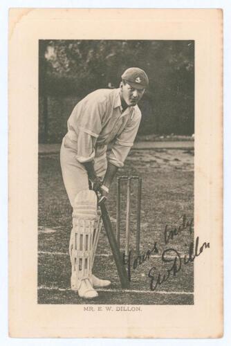 Edward Wentworth Dillon. Kent & Oxford University 1900-1923. Mono real photograph postcard of Dillon, full length at the wicket in batting pose wearing Kent cap. Very nicely signed in black ink by Dillon. Wrench series no. 3358 from a photograph by Foster