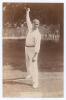 Arthur Fielder. Kent & England 1900-1914. Early sepia real photograph postcard of Fielder standing full length at the crease in bowling pose, wearing a Kent cap. Publisher unknown, appears to by Foster of Brighton. Postally unused. An excellent image in v