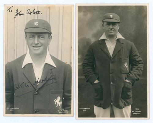 Harold Thomas William ‘Wally’ Hardinge. Kent & England 1902-1933. Two early sepia real photograph postcards of Hardinge. One depicts Hardinge head and shoulders wearing Kent cap and blazer, annotated ‘To John Arlott’ and very nicely signed to the image in