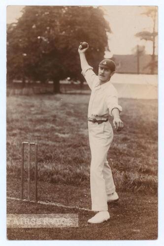 William John Fairservice. Kent 1902-1921. Early sepia real photograph postcard of Fairservice standing full length at the crease in bowling pose, wearing a Kent cap. Publisher unknown, appears to by Foster of Brighton. Postally unused. An excellent image 