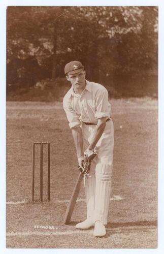 James Seymour. Kent 1902-1926. Early sepia real photograph postcard of Seymour standing full length at the crease in batting pose, wearing a Kent cap. Foster of Brighton. Postally unused. An excellent image in very good condition.