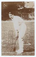 Kenneth Lotherington Hutchings. Kent & England 1902-1912. Early mono real photograph postcard of Hutchings standing full length at the crease in batting pose. Foster of Brighton. Postally unused. Light crease, otherwise in very good condition.