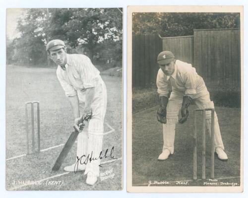 John Charlton ‘Jack’ Hubble. Kent 1904-1929. Two early postcards of Hubble wearing cricket attire and Kent cap. One, a mono postcard of Hubble in batting pose at the crease, nicely signed in black ink to the image by Hubble. Mockford of Tonbridge. The oth