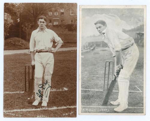 Arthur Percival Day. Kent 1905-1925. Early sepia real photograph postcard of Day standing full length at the crease wearing batting attire, leaning on his bat. Very nicely signed in black ink by Day to the photograph. Hawkins & Co., Brighton. An excellent