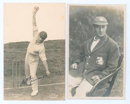 Alfred Percy ‘Tich’ Freeman. Kent & England 1914-1936. Sepia real photograph postcard of Freeman wearing cricket attire in bowling pose. Nicely signed in black ink to the image by Freeman. The signature appears to have a clear protective coating over it. 