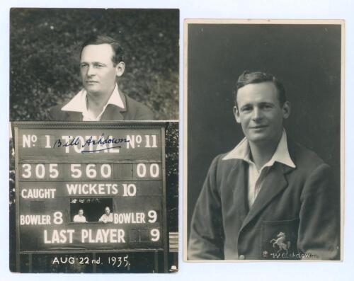 William Henry ‘Bill’ Ashdown. Kent 1920-1937. Original mono real photograph postcard of Ashdown. The top portion depicts Ashdown head and shoulders, the lower portion shows the scoreboard for the match Kent v Derbyshire at Dover 21st- 23rd August 1935, wh