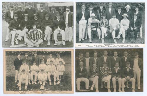 Lancashire C.C.C. 1906-1920s. Two mono postcards of Lancashire teams for season 1906, one ‘D.F. & Co.’ series, the other unknown. Also a mono real photograph postcard of the 1908 team, postmarked 1908, W.H.S. & S. Grosvenor Series, and another c.1924 with