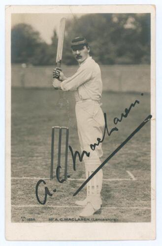 Archibald Campbell ‘Archie’ Maclaren. Lancashire & England 1890-1914. Early sepia real photograph postcard of Maclaren standing full length at the crease wearing hooped cap, bat raised in batting pose. Boldly signed in black ink to the photograph. Hartman