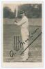 Archibald Campbell ‘Archie’ Maclaren. Lancashire & England 1890-1914. Early sepia real photograph postcard of Maclaren standing full length at the crease wearing hooped cap, bat raised in batting pose. Boldly signed in black ink to the photograph. Hartman