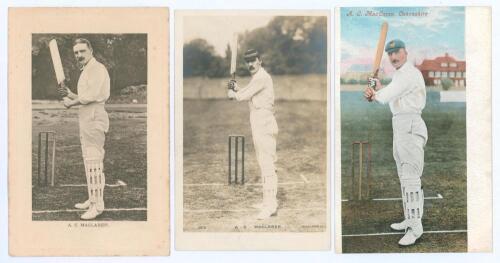 Archibald Campbell ‘Archie’ Maclaren. Lancashire & England 1890-1914. Three early postcards of Maclaren in batting poses. Includes two real photograph postcards, one Wrench Series no. 1390, the other Rotary Photographic Series no. 3812. Also a colour post