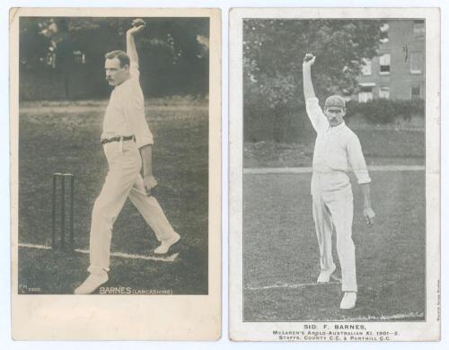 Sydney Francis Barnes. Warwickshire, Lancashire & England 1894-1903. Two early postcards of Barnes in bowling poses. Includes one real photograph postcard, Hartmann series no. F.H.L. 2903, and one mono postcard by Warwick Savage of Burslem. Both postally 