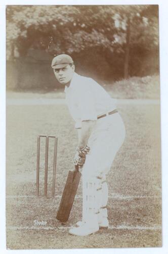 John Samuel ‘Jack’ Sharp. Lancashire & England 1899-1925. Early sepia real photograph postcard of Sharp in batting pose at the wicket, wearing a Lancashire cap. Foster of Brighton. Postally unused. Very good condition.