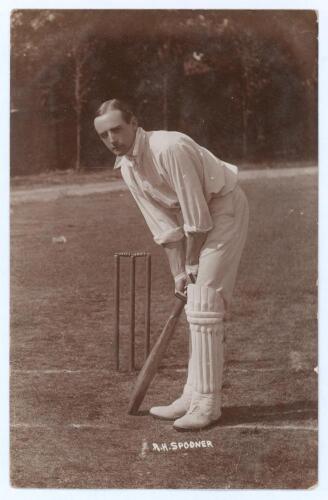 Reginald Herbert ‘Reggie’ Spooner. Lancashire & England 1899-1921. Early sepia real photograph postcard of Spooner in batting pose at the wicket. Foster of Brighton. Postally unused. A lovely image in very good condition.