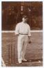 Samuel Coe. Leicestershire 1896-1923. Early sepia real photograph postcard of Coe standing full length at the wicket, wearing cricket attire and Leicestershire cap, ball in hand. Foster of Brighton. Postally unused. Minor mount indentations to corners, sm