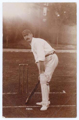 Thomas Jayes. Leicestershire 1903-1911. Early sepia real photograph postcard of Jayes standing full length at the wicket in batting pose. Foster of Brighton. Postally unused. Light flare from original negative to top portion of the image, otherwise a nice