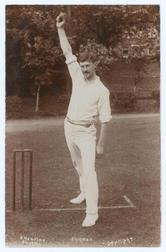 William ‘Bill’ Shipman. Leicestershire 1908-1921. Early sepia real photograph postcard of Shipman standing full length at the wicket in bowling pose. E. Hawkins of Brighton. Postally unused. A lovely image in very good condition.