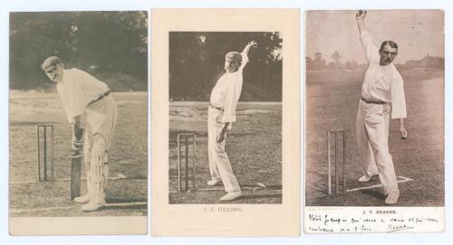 John Thomas Hearne. Middlesex & England 1888-1923. Two early mono real photograph postcards of Hearne at the wicket, one in batting pose, Rotophot series no. 8604, the other in bowling pose, Wrench Series no. 2041. Both postally unused. Sold with a colour