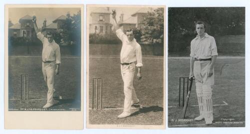 Bernard James Tindal Bosanquet. Middlesex, Oxford University & England 1898-1919. Two early real photograph postcards of Bosanquet in very similar bowling poses. One by Rapid Photo series no. 1239, the other unknown. Sold with a mono postcard of Bosanquet