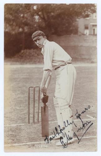 Edward Mignon. Middlesex 1905-1913. Early sepia real photograph postcard of Mignon at the wicket in batting pose, wearing hooped cap. Nicely signed in black ink to the photograph ‘Faithfully yours, E. Mignon’ with handwritten message in ink from Mignon to