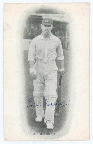 Elias Henry ‘Patsy’ Hendren. Middlesex & England 1907-1937. Mono postcard of Hendren in cameo walking out to bat wearing a Middlesex cap. Signed to the image in blue ink by Hendren. Publisher unknown. Some soiling, small adhesive marks to verso, otherwise