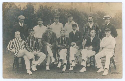 Northamptonshire C.C.C. 1907. Early mono real photograph postcard of the Northamptonshire team seated and standing in rows wearing assorted blazers and headgear. Players’ names and other annotations to verso. Players featured include Crosse (Captain), Via