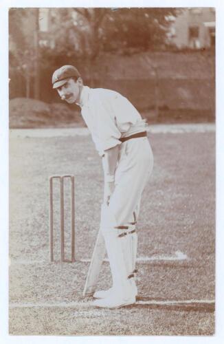 Charles James Tomlin Pool. Northamptonshire 1905-1910. Early mono real photograph postcard of Pool at the wicket in batting pose wearing a cap. Foster of Brighton. Postally unused. Very minor wear to left edge, otherwise a nice image in good condition.