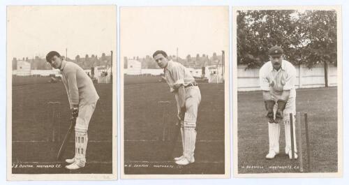 Northamptonshire C.C.C. c.1910. Three rarer mono real photograph postcards of Northamptonshire players by L.R. Giles of Northampton. Players are brothers J.S. Denton (1909-1919), and W.H. Denton (1909-1924), each depicted in batting pose, and W.A. Buswell