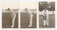 Northamptonshire C.C.C. c.1910. Three rarer mono real photograph postcards of Northamptonshire players by L.R. Giles of Northampton. Players are brothers J.S. Denton (1909-1919), and W.H. Denton (1909-1924), each depicted in batting pose, and W.A. Buswell